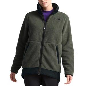 North Face Womens Dunraven Sherpa Parka Fleece Green Olive drop tail hem Size XL